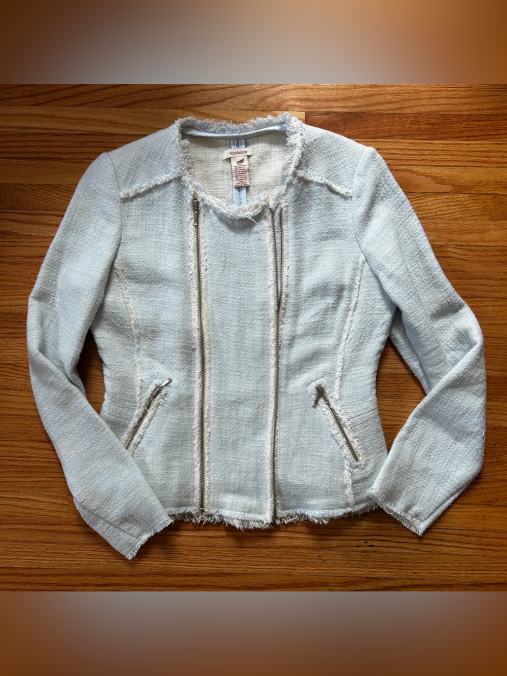 Sundance Cream and Light Blue Fringed Tweed Peplum Jacket Sz 10
